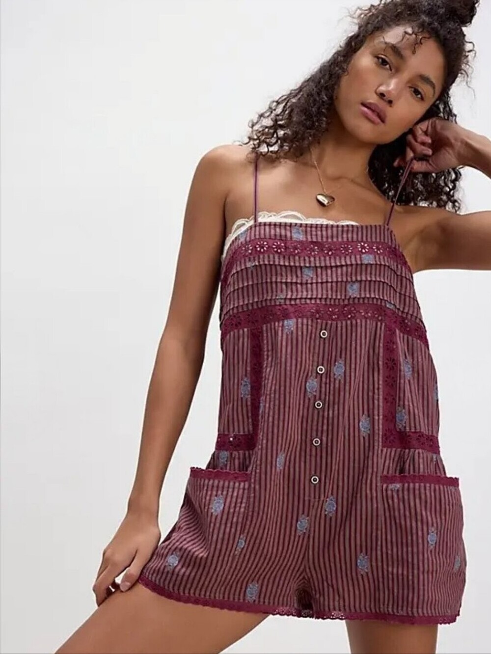 Free People Boho Romper in Burgundy and Taupe Sz XS